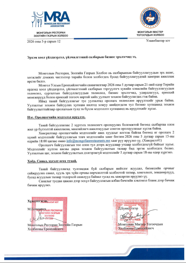 Монголын Ресторан, Зоогийн Газрын Холбоо, Монголын Мастер тогоочдын Холбооны албан бичиг